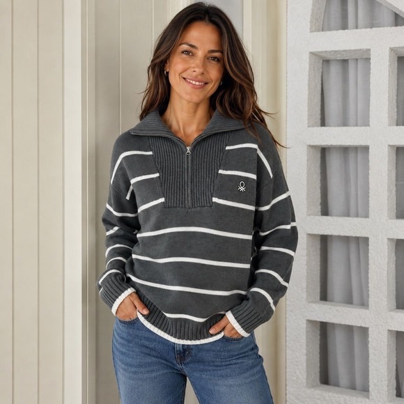 United Colors Of Benetton Sweaters - United Colors of Benetton Gray Striped Quarter Zip Cotton Knit Sweater
